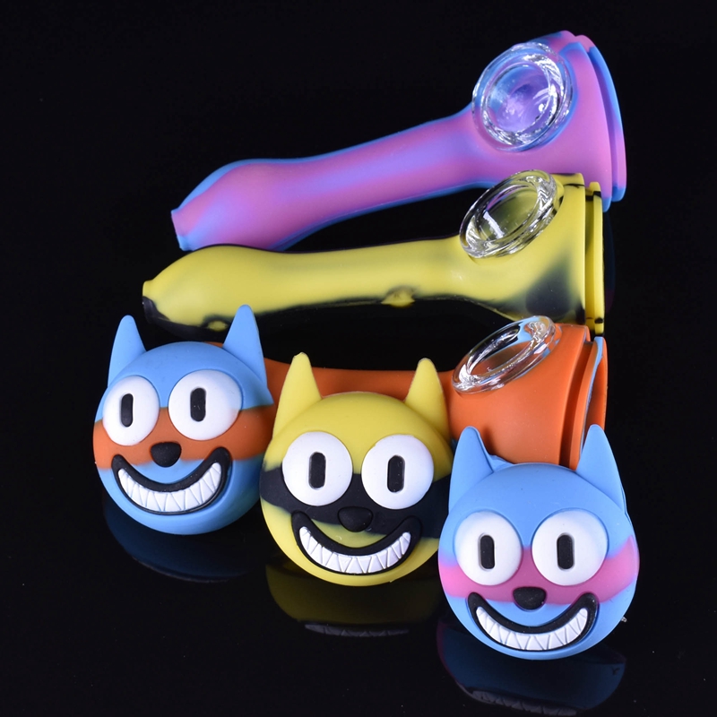 Coloré Portable Amovible Silicone Pipes Chats Style Verre Nineholes Singlehole Filtre Bol Sèche Herbe Tabac Porte-Cigarette Narguilé Pipe À Eau Bong Fumer Tube