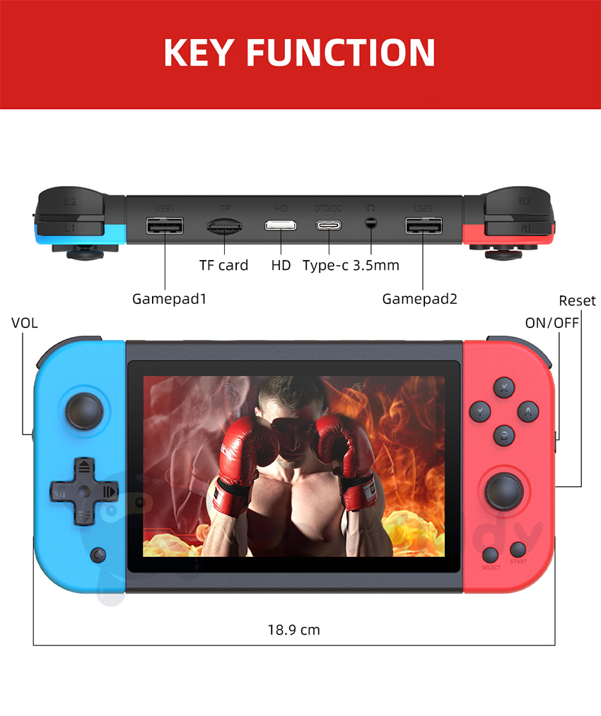 Portable POWKIDDY X51 5 inch 64G Handheld Game Console For PS1 FC MD Retro Video Games MP4 Ebook Player Dual Joystick Support HD TV Out Gaming Box Children Kids Gift