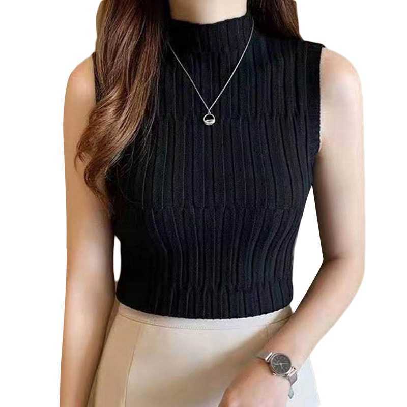 Kvinntankar Camis 2021 Ny högkvalitativ sommarhöstkvinnor Mock Neck Top Turtleneck ärmlös t-shirt Slim Sticke Vest Female Tee Knitwear P230505