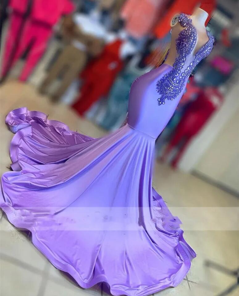 Lilac Lavender Mermaid Prom Dresses 2023 Crystal Rhinestone Stain Sheer Neck Graduation Evening Birthday Clows Robe de Bal