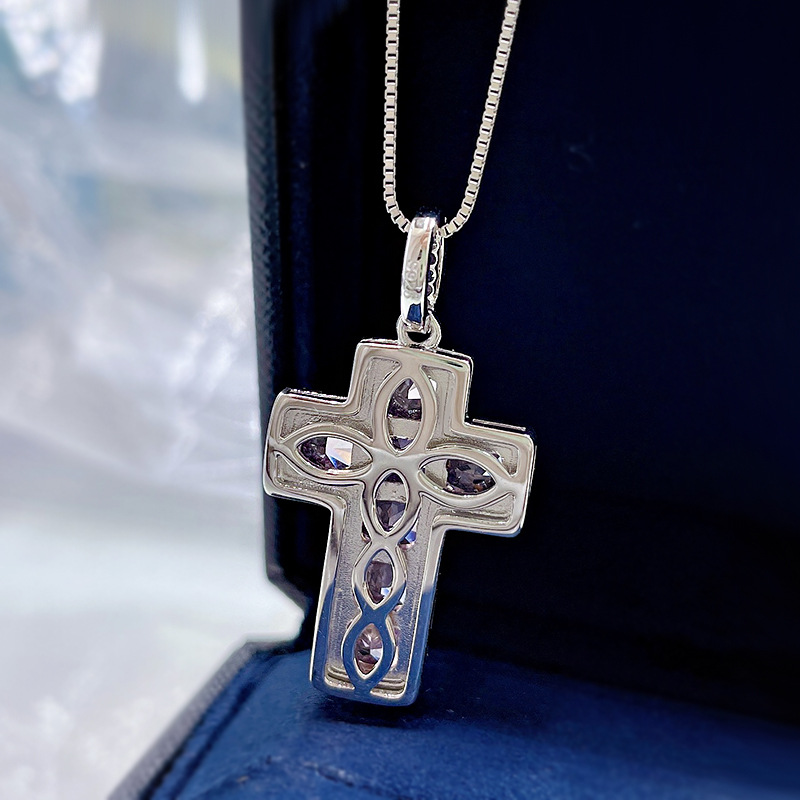 Vintage Pink Moissanite Diamond Cross Pendant Real 925 Sterling Silver Party Wedding Pendants Necklace For Women men Jewelry