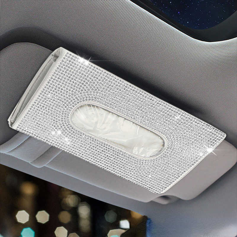 New Luxury Car Visor Tissue Holder Crystals Cover Case Clip PU Leather Gorgeous Backseat Tissue Case Bling Car Accessories for Woman