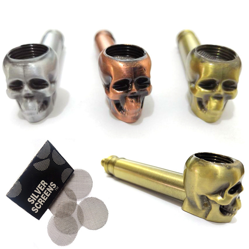 Zinklegering Skull Metal Rökningstillbehör Torra ört Rökpipor Pyrex Oil Burner Tobacco Herb Pipe With Mesh Screen Filter för torr ört Förångare