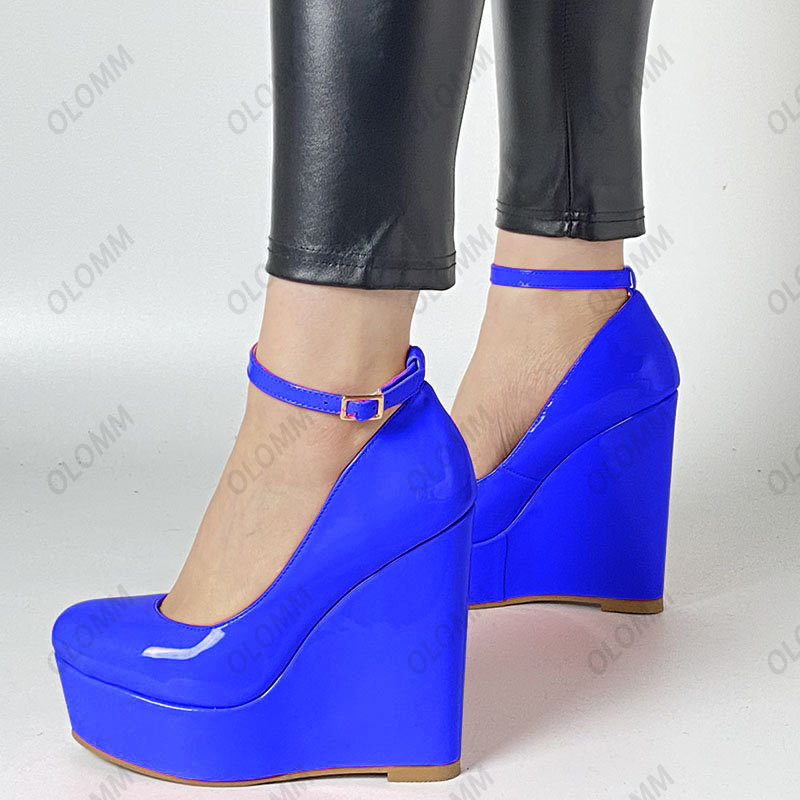 Olomm New Arrival Handmade Women Summer Shiny Pumps Ankle Strap Sexy Wedges Heels Round Toe Black Dress Shoes Size 35-52