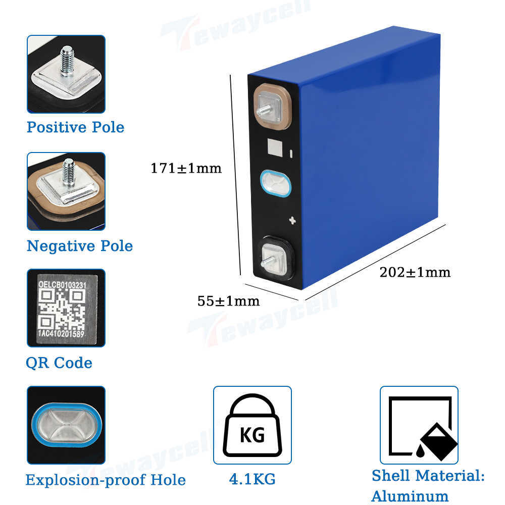 Tewaycell 200Ah LifePo4 Batterij 3.2V 210Ah Oplaadbare batterijen Lithium Iron Fosfaat Prismatic Solar Car RV EU US Tax Free