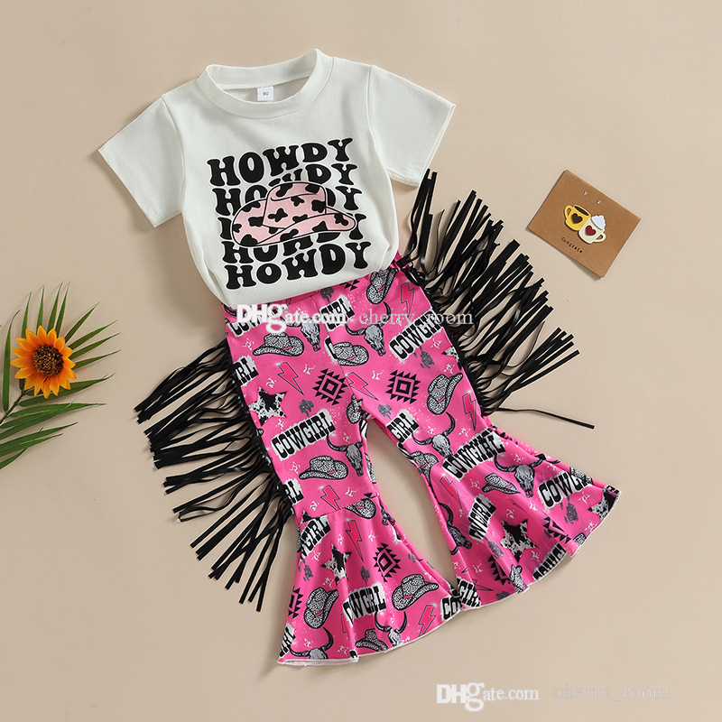 Barn Summerkläder sätter Europa och USA: s flickor Letter Hat Tryckt T-shirt Plum Tassel Flare Pants Passar Ins Children Fashion Outfits S2182