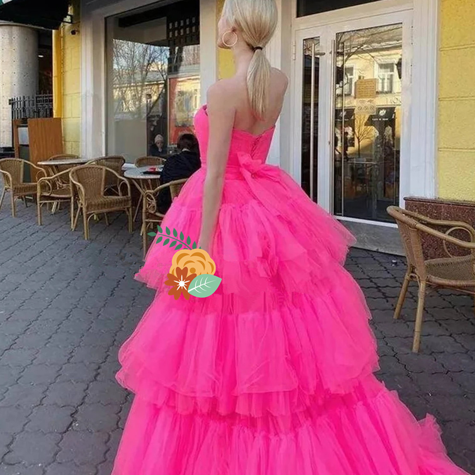 Hot Pink High Low Puffy A Line Prom klänningar RUCHED STRAPLESS TIERED TULLE TUTU kjolar Cocktail Party Dress Evening Gown