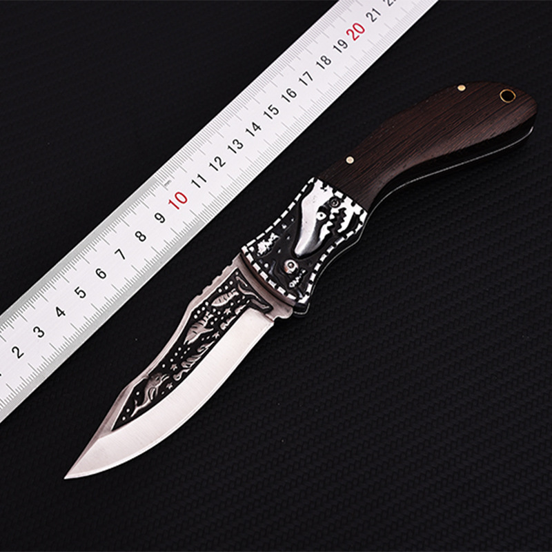 Promotion A1920 Pocket Folding Knife 7Cr17Mov Satin Drop Point Blade Wood/Steel Head Handle Outdoor Camping Hiking Fishing EDC Knives with Nylon Bag