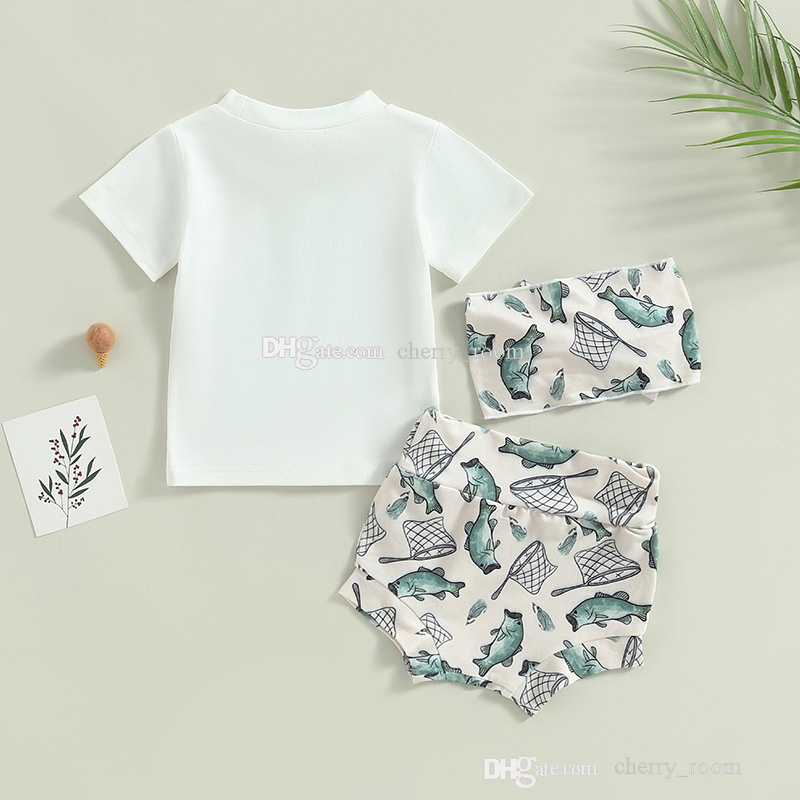 Europa e America Girl Clothing Sets Moda Baby Girls Letra de manga curta Camiseta de pesca shorts de impressão de terno de cabelo Acessórios de cabelo 3Pia Conjunto de roupas infantis S2181