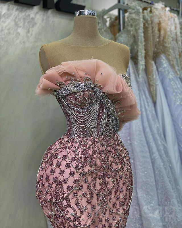 2023 mai Aso Ebi rose sirène robe de bal perles cristaux luxueux soirée formelle fête deuxième réception anniversaire robes de fiançailles robe robe de soirée ZJ170