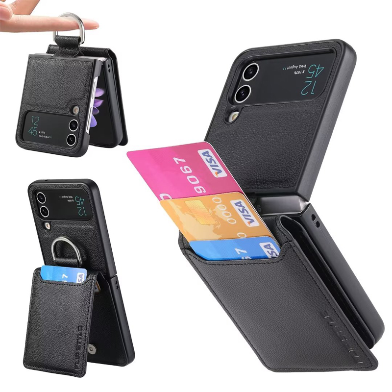 Porte-cartes à motif Litchi avec anneau, étui de téléphone tendance en cuir PU pour Samsung Galaxy Z Flip 4 Flip3 Z Flip 2