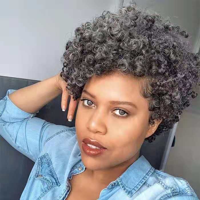 Wash and go silver grey kinky curly drawstring ponytail brazilian hair pony tail salt and pepper gray human hair extension 120g afro puff bun updo braiding har