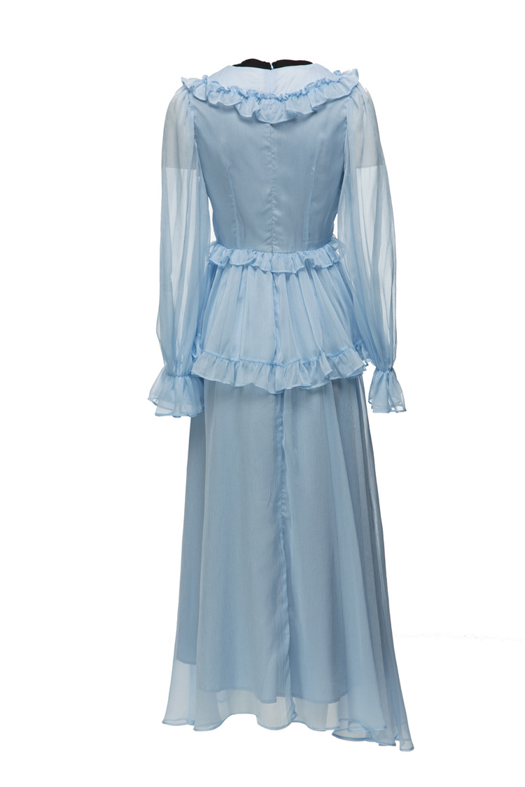 2023 Spring Blue Contrast Color Ribbon Tie Bow Dress Long Sleeve V-Neck Ruffled Midi Casual Dresses D3W031901