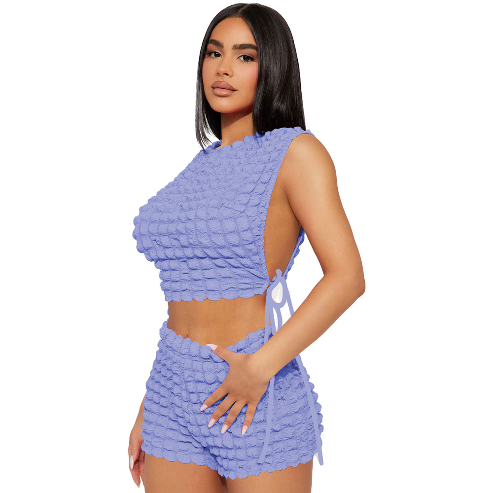 Women Popcorn Tracksuit designer Side Lace Sleeveless Crop Tanks Tops Shorts Matching Two Piece Sets outfits summer clothes bulk wholesale items 9828