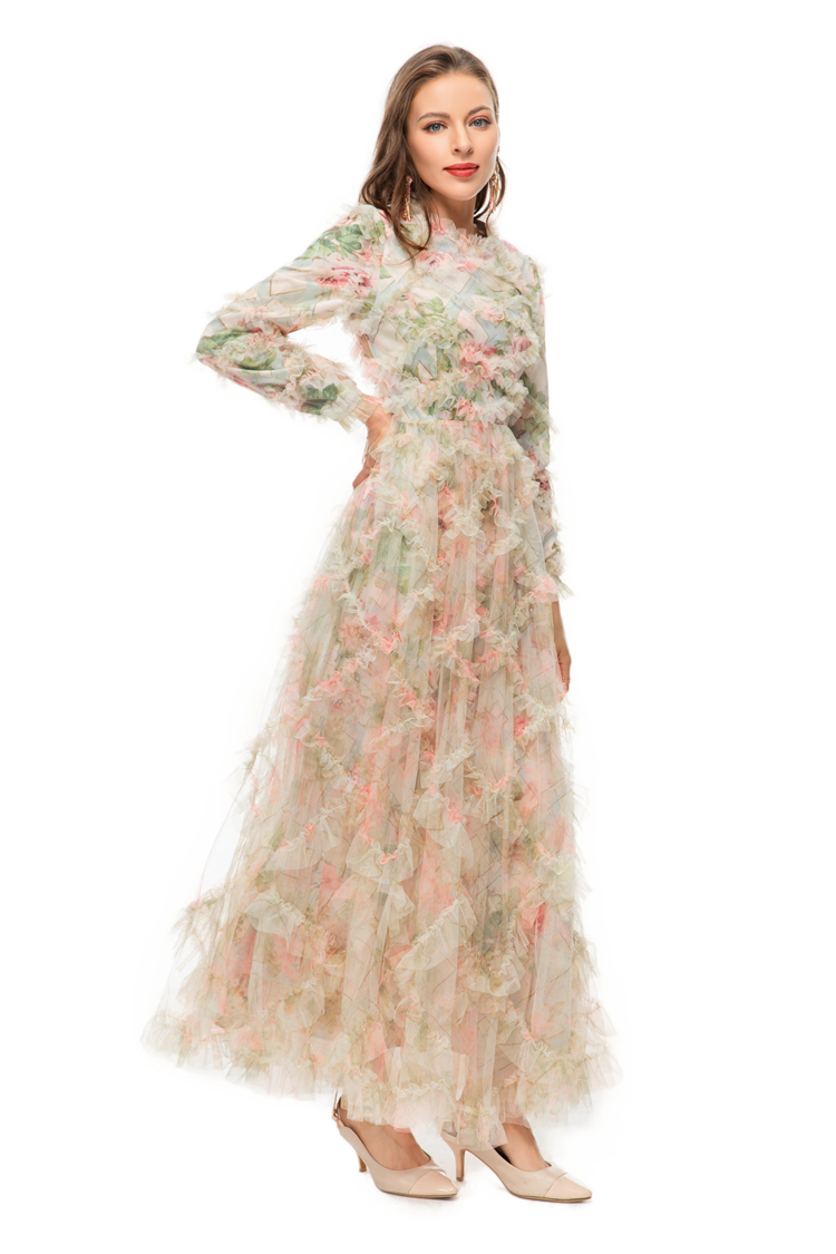 Women's Runway Dresses O Neck Long Sleeves Appliques Ruffles Floral Printed Fashion Designer Maxi Party Prom Gown