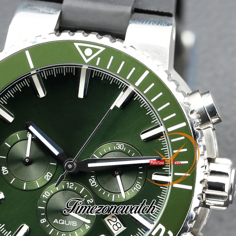 46 mm nurkowania Aquis 01 774 7708 VK kwarc chronograf męski zegarek Zielony Starcie Stal Stael Case Blue Guma Pasek Stopni