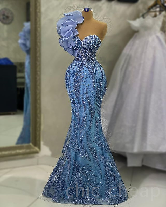 2023 May Aso EBI One Shoulder Prom Drees Pearl 진주 인어 스팽글 스팽글 레이스 저녁 공식 파티 두 번째 리셉션 생일 약혼 가운 드레스 로브 드 SOIERE ZJ175