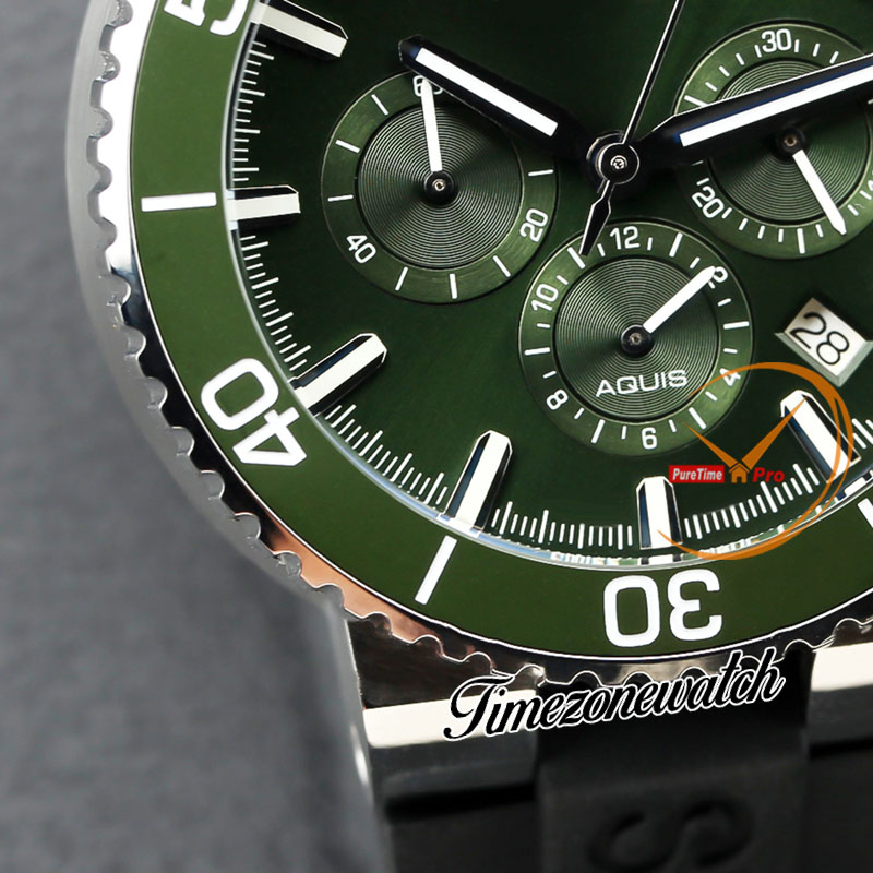 46 mm nurkowania Aquis 01 774 7708 VK kwarc chronograf męski zegarek Zielony Starcie Stal Stael Case Blue Guma Pasek Stopni