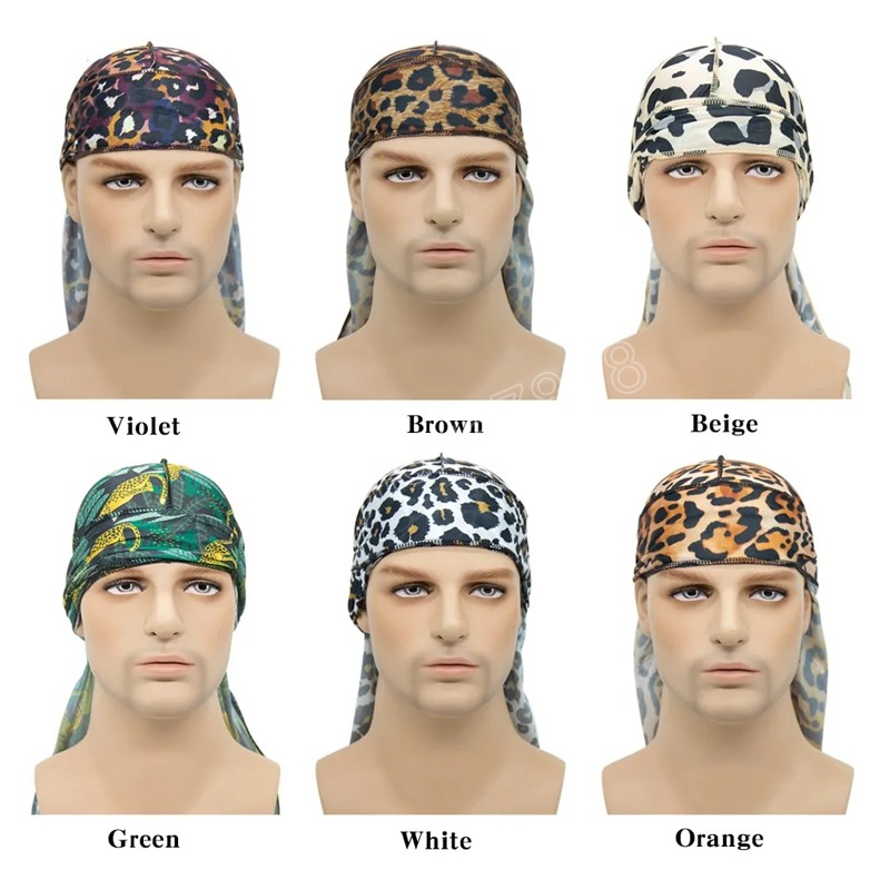 Cappello da pirata in raso con stampa leopardata Hip-Hop Copricapo elastico con testa turbante Accessori capelli Durag Copricapo Cinghie lunghe