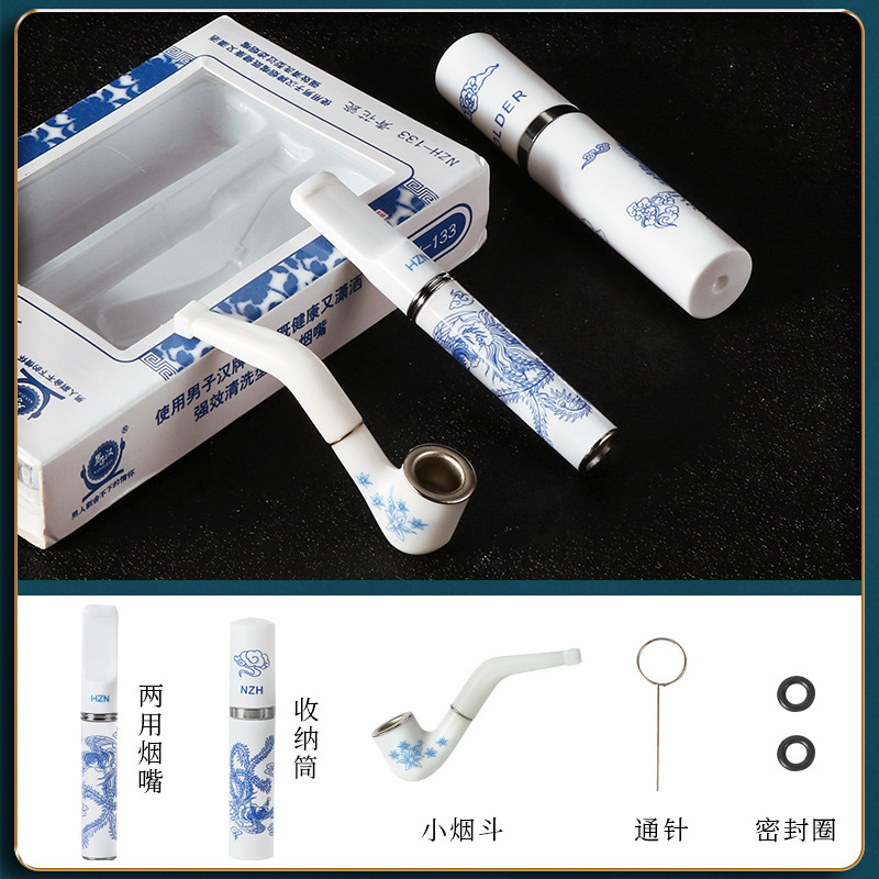 喫煙パイプ二重目的タバコホルダー青と白の磁器ストレージチューブミニパイプセットタバコホルダーアクセサリーフィルター