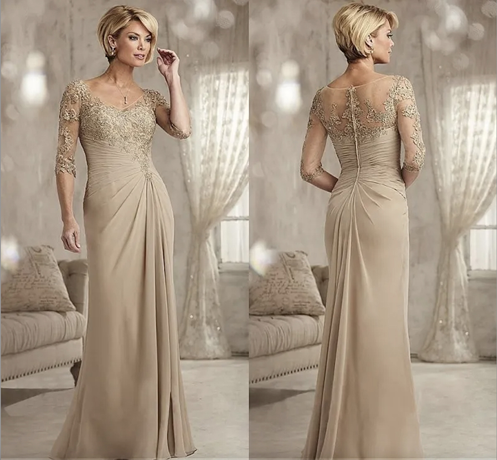 Champagne Mother of The Bride Dresses Plus Size 2023 Chiffon Half Sleeves Groom Godmother Evening Dress For Wedding New Beaded Lace