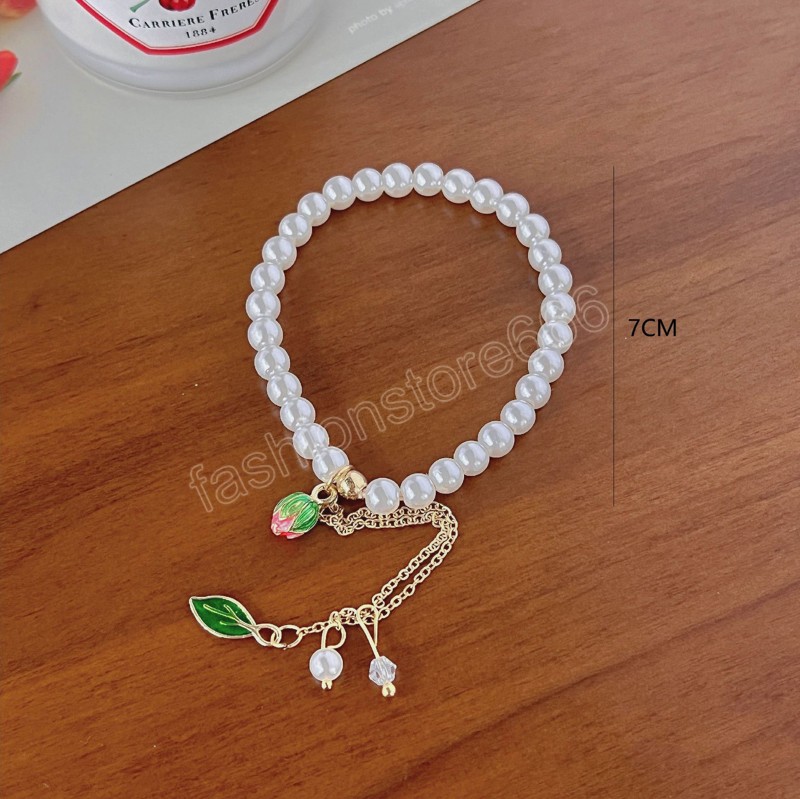 Leaf Flower Pearl Bracelet Elastic Chain Bangle for Women Girl Elegant Simple Jewelry Gifts Party Wedding Daily Life Accessorie