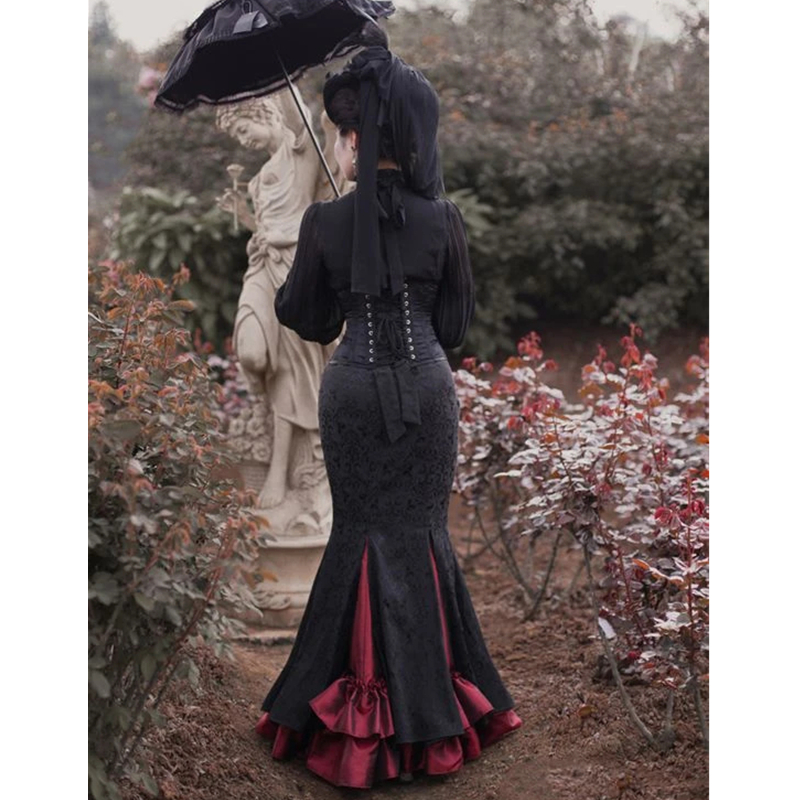 Gotik siyah ve bordo balo elbiseleri uzun kollu denizkızı ortaçağ victoria özel günlük elbiseler yüksek boyun korse artı kadınlar için gece elbisesi 2023
