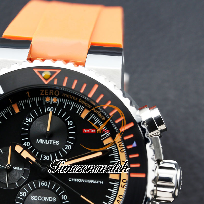 46 mm Aquis 01 774 7708 VK Quartz Chronograph Mens Watch Black Dial Orange Inner Stick Markers Steel Case Orange Rubber Riem Stopwatch Nieuwe WatchestimeZoneWatch