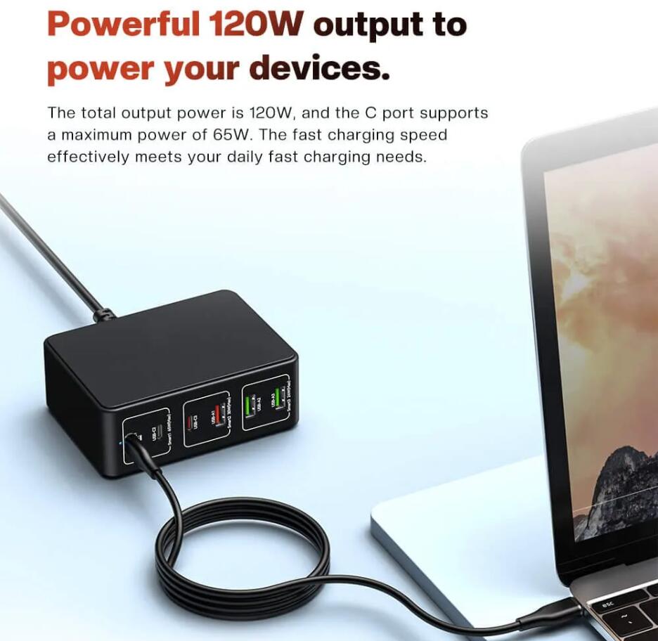 Portable Desktop 120W QC3.0 Snabbladdning Multiport USB-laddare Typ C USB-C PD Fast Charging Station för flera enheter