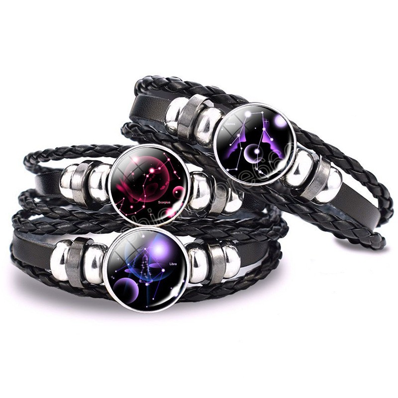 12 Zodiac Constellation Luminous lederen armband voor vrouwen mannen Meerlagige punk hiphop bedelarmband armband sieraden geschenken