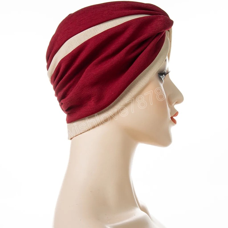 2023 Stirnband Hut Zweifarbige Nähte Gekreuzte Turbankappen Muslimische Mode Indische Mütze Für Damenwickelkopf