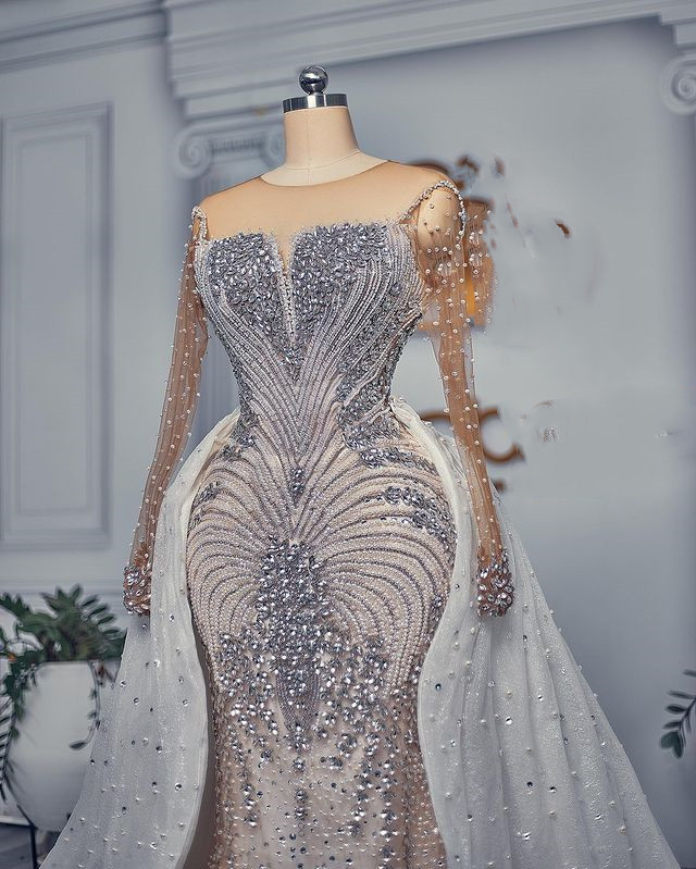 2023 Arabiska aso ebi vit sjöjungfru bröllopsklänning pärlstav kristaller avtagbara tåg brudklänningar klänningar zj6064