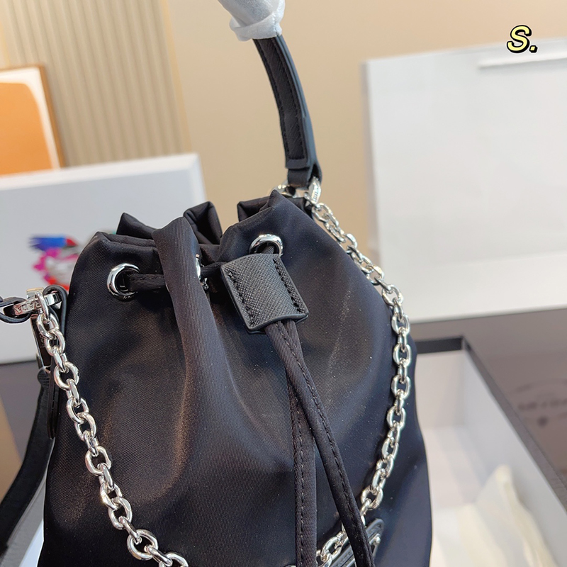 Womens Nylon Drawstring Bucket Bags Handbag Purses Leather Shoulder Strap Handle Brand Triangle P Sign Waterproof Crossbody Bag 2305071BF