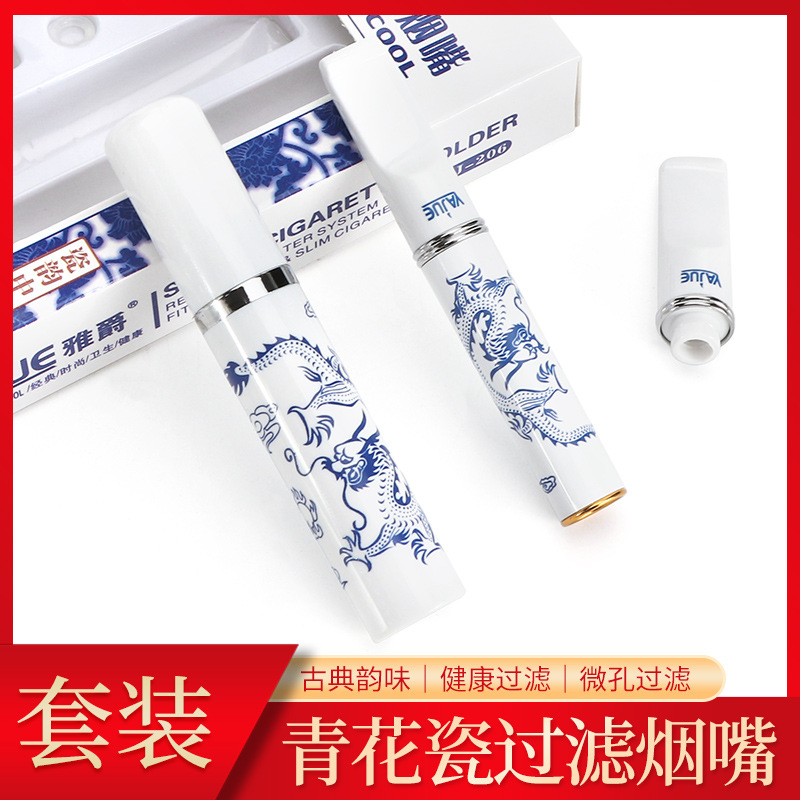 Tubos de fumar Blue e branco Dragon Dragon em forma de dragão montado Suporte de cigarro com Forte Filtração