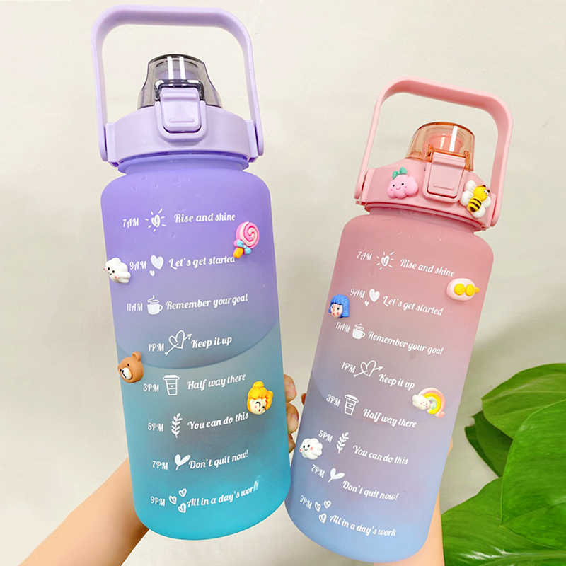 New 2L Large Capacity Water Bottle With Bounce Cover Time Scale Reminder Frosted Cup With Cute Stickers For Outdoor Sports Fitness