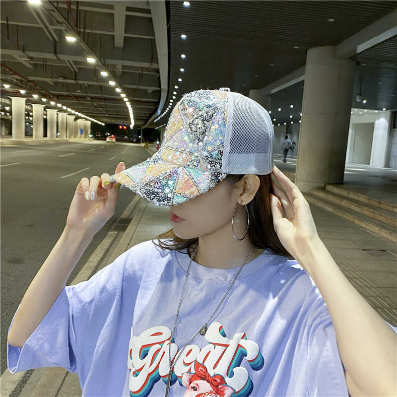 Snapbacks 2023 Helt ny Sequined Baseball Caps Women Spring Summer Thin Style Net Hat Female Ins Cap Hipster Sunhat G230508