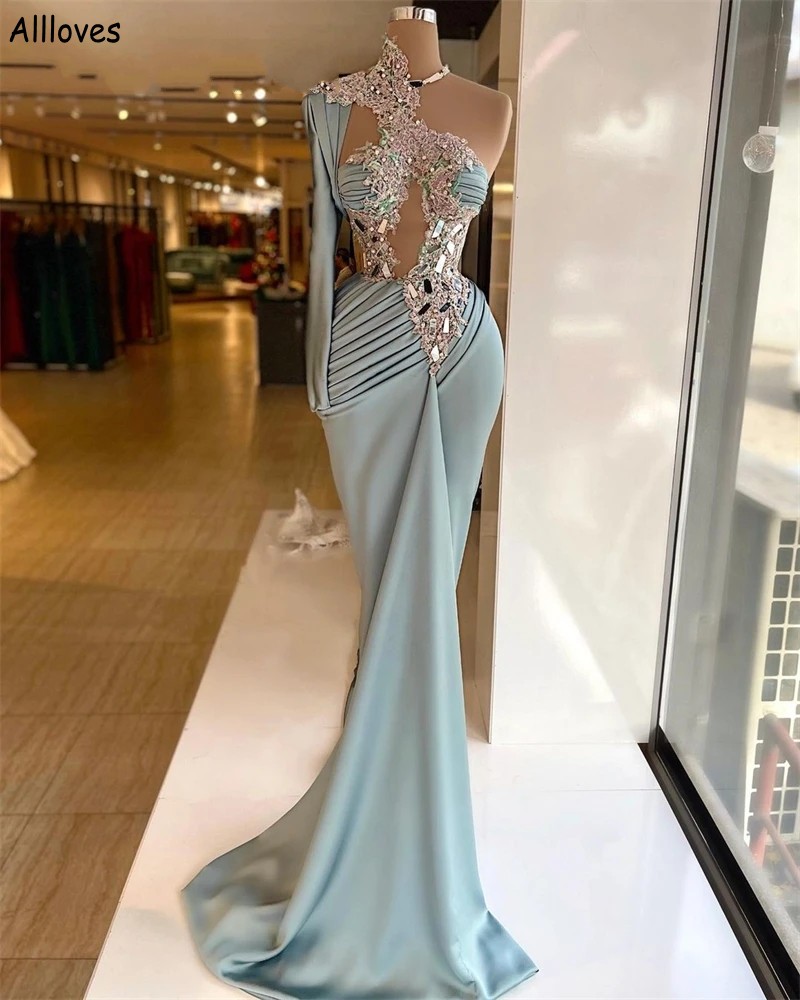 Sage Unique One Shoulder Long Sleeve Evening Dresses For Women Lace Appliqued Rhinestones Pleated Mermaid Prom Gowns Hollow Out Sexy Formal Robe de Soiree CL2244