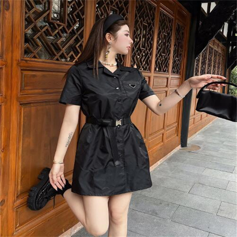 Luxury Street Style Dresses Womens Casual Dress High Quality Imported Nylon Waterproof Short Sleeve Noble Temperament Shirt Dresses With Belts Women's Clothing