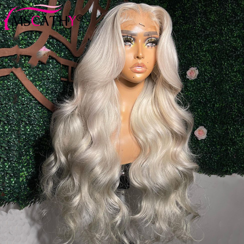 Perruque Lace Front Wig synthétique Body Wave HD, cheveux naturels, blond platine, pre-plucked, 13x4, densité 180, pour femmes
