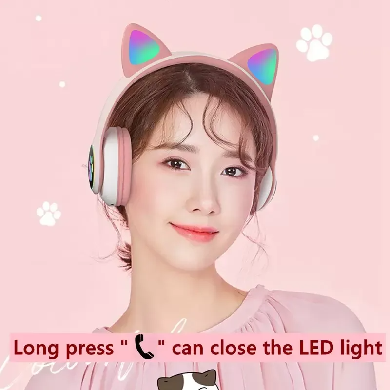 Flash Light Cut Cat Orends Bluetooth Wireless Headphones Earphone com microfone pode controlar LED Kid Girl Stéreo Music Helmet Phone Headset Gift