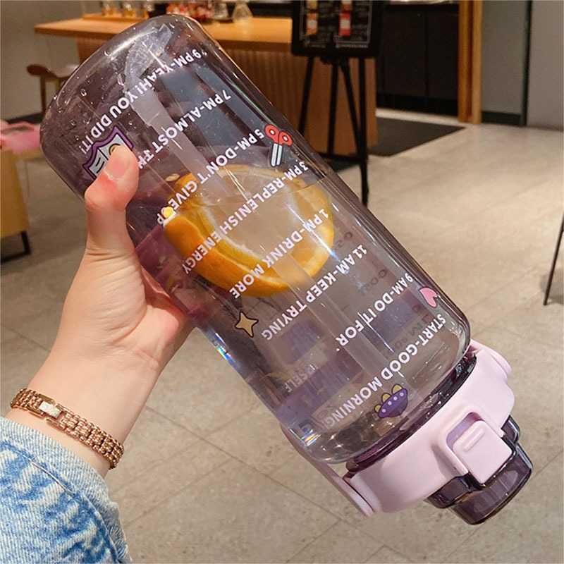 2L grande capacité en plastique bouteille d'eau espace tasse été Portable sport en plein air Fitness bouilloire avec paille outil à boire