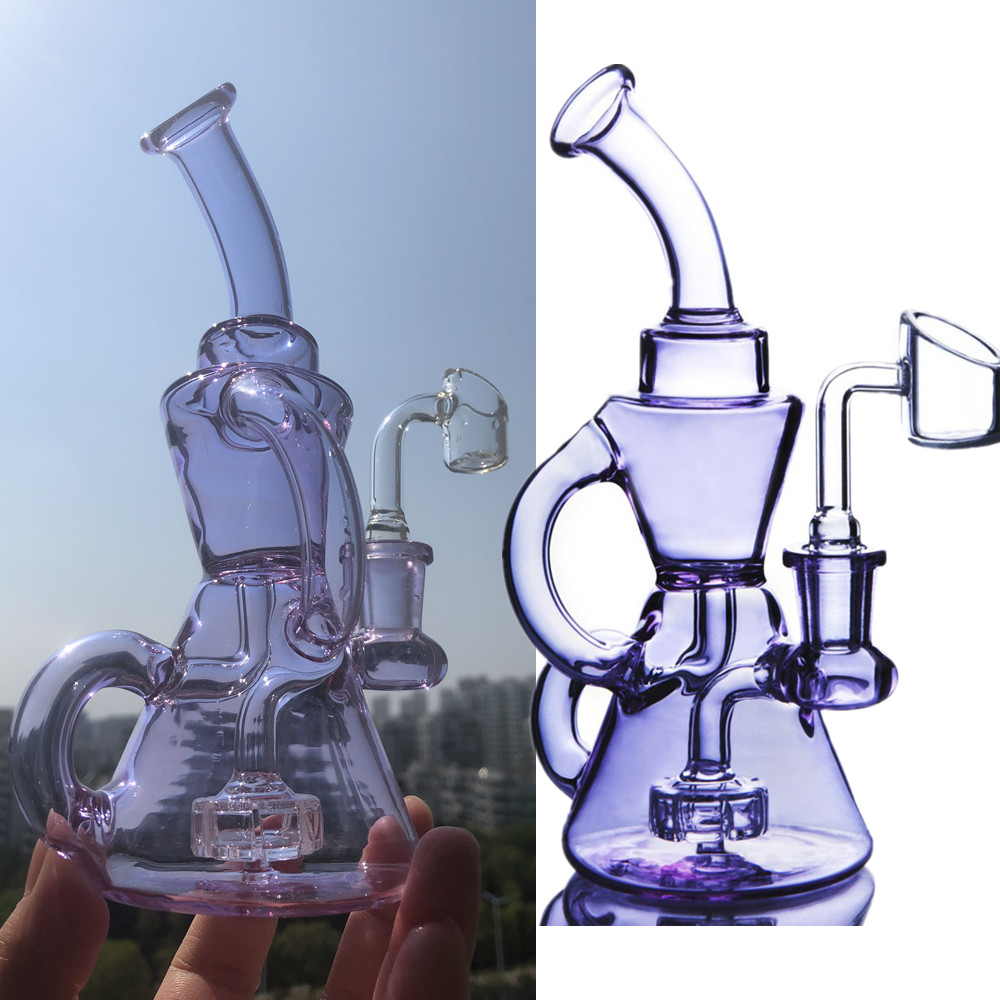 Purple Glass Water Pipe Recycler Oil Rig Bubblers Tjocka rökning Bongs Fab Egg Hookah Rigs Dab Accessories With 14mm Joint