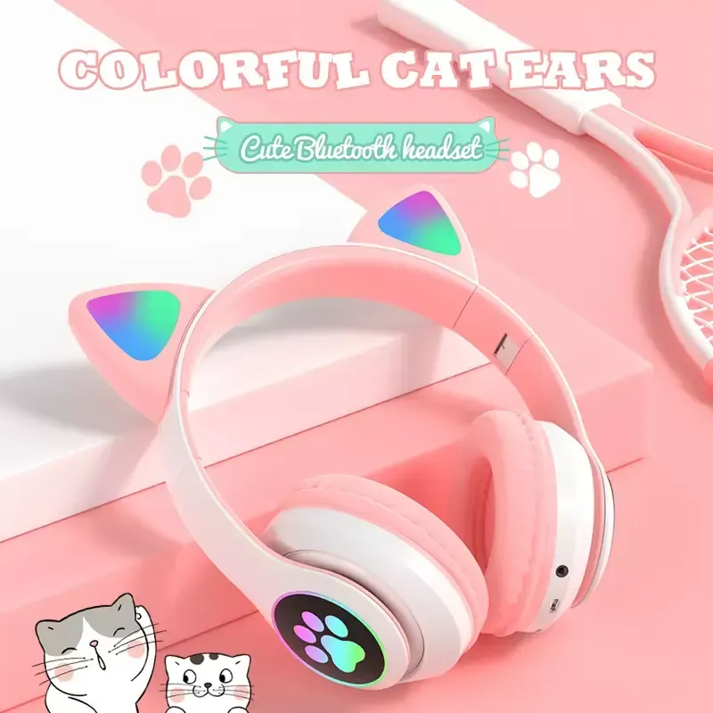 Flash Light Cut Cat Orezes Bluetooth fones de ouvido sem fio com microfone podem controlar Led Kid Girl Music Music Capace