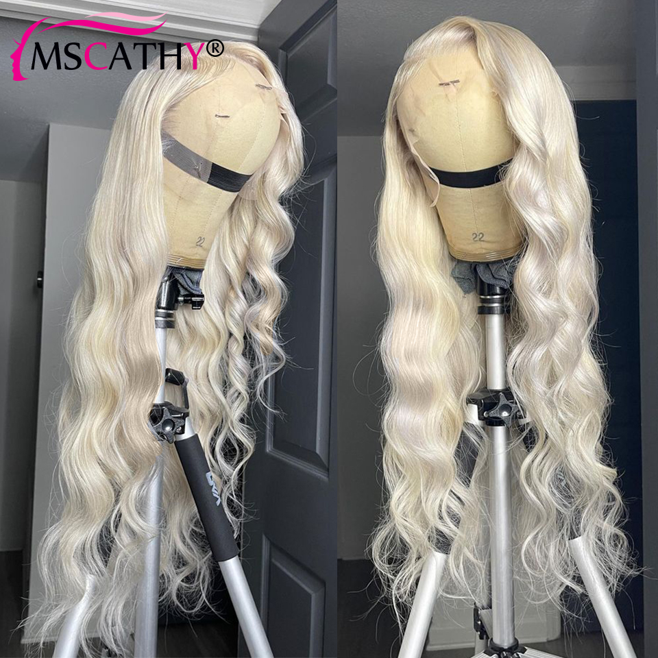 Pelucas de cabello humano con frente de encaje rubio platino de densidad 180, peluca con malla frontal HD ondulada del cuerpo, pelucas de cabello sintético 13x4 para mujeres prearrancadas