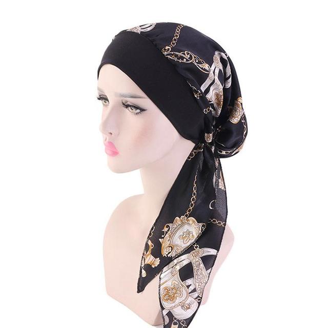 Vorgebundene Bandanas mit langem Schwanz, muslimische Frauen, bedruckter Turban-Hut, weibliche Kopfbedeckung, Haarausfall, Chemo-Beanie, islamischer Kopftuch, Wickelkappe
