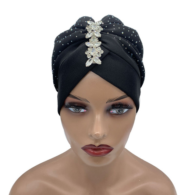 Luxury Women Rhinestone Pleated Turban Cap Women Head Wrap Fashion Beanies Skullies Muslim Headscarf Bonnet African Headtie