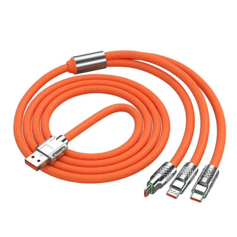 3-in-1 120W 6A Super Fast Charge Cables Type-C Micro Liquid Silicone Cable Quick Charge USB Cable For Huawei Samsung Xiaomi Pixel USB Bold Data Line