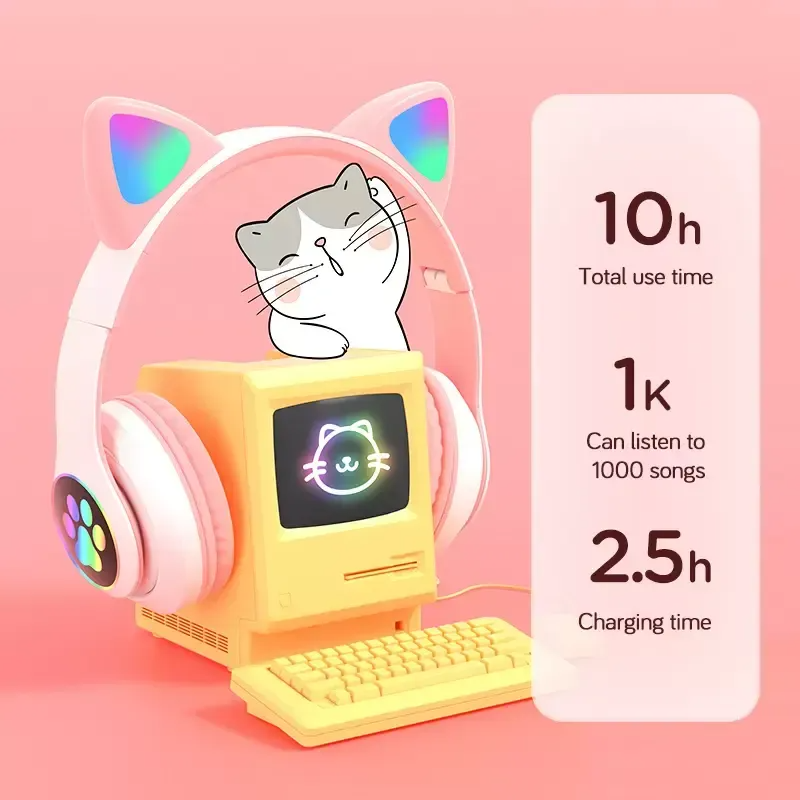 Flash Light Cut Cat Orends Bluetooth Wireless Headphones Earphone com microfone pode controlar LED Kid Girl Stéreo Music Helmet Phone Headset Gift