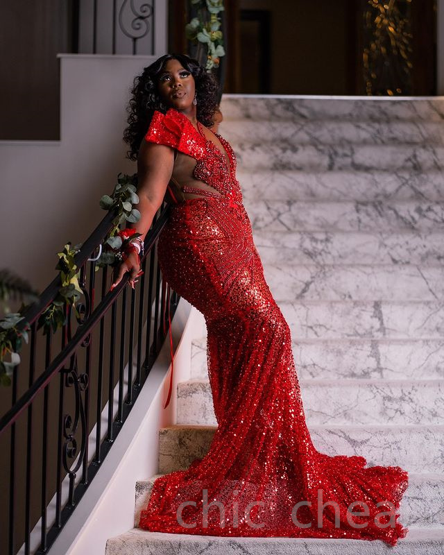 2023 May Aso Ebi Mermaid Red Prom Dress Pärvad paljett Lace Sexig kväll Formell parti Second Reception födelsedagsengagemang klänningar klädrock de soiree zj190