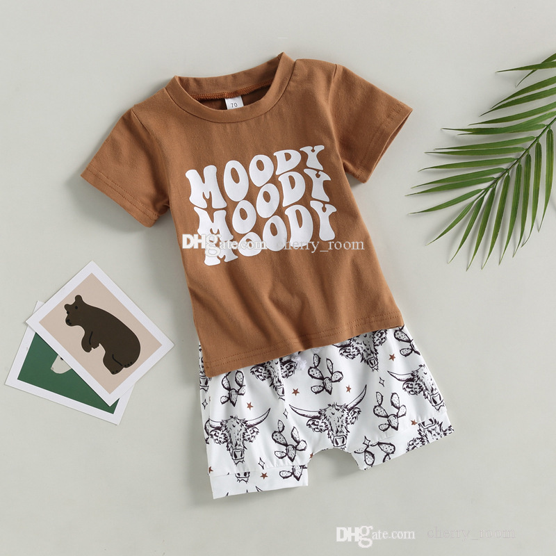 Fashion Baby Boys Cartoon Clothing Sets Infant Letter Short Sleeve T-Shirt Cactus Cow Head Gedrukte shorts Kledingpak Zomer kinderen Casual Outfits S2205